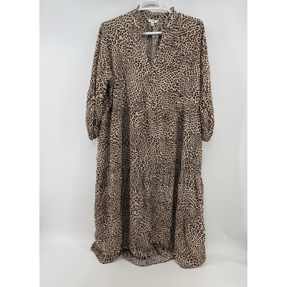 Terra & Sky 3X Leopard Print Midi Dress Tiered Balloon Sleeve Boho Cottagecore